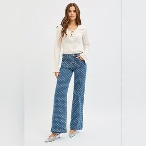 Risen High Rise Dark Wash Classic Wide Leg Jeans Bow Embroidered Various NEW